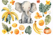 A soothing watercolor illustration showcasing a gentle elephant surrounded by tropical foliage, bananas, and a touch of floral elements.