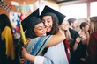multiethnic graduates exchanging hugs at a celebration