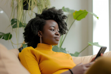 Wall Mural - Beautiful African American woman holding smartphone and sitting in an office