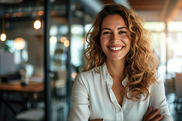 Wall Mural - Confident professional in office environment smiling at camera