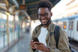 © wolfhound911 - Happy African American man texting on smart phone at train station