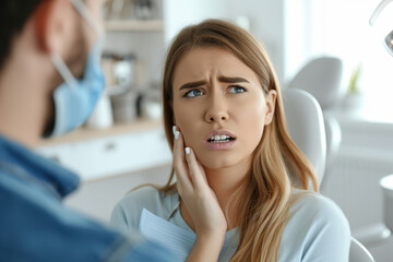 Wall Mural - Woman complaining about toothache during appointment at dentist's office