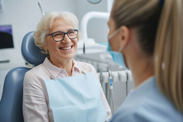 Wall Mural - Senior woman talking to her dentist during appointment at dental clinic
