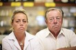 couple with solemn faces at a pawn shop counter