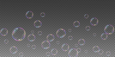 Wall Mural - Realistic soap vector bubbles png isolated on transparent background. The effect of falling and flying bubbles. Glass bubble effect.	
