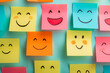Happiness positive mind and Mental Health concept banner, Various happy smiling faces hand drawn on sticky notes, A set of happy face stickers, Customer testimonial and experience feedback concept