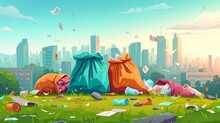 City Trash Bag. Rotting Garbage In Waste Bag Or Street Dustbins, Full Can Bin Pile Rubbish Accumulation Dumpster Overflow Dump Dirty Food, Cartoon Trashcan Neat Vector Illustration Of Waste Garbage   