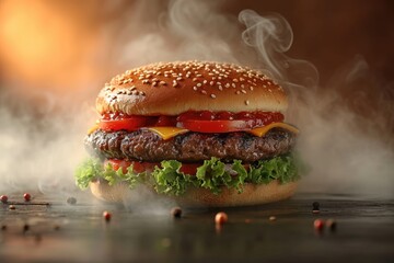 Wall Mural - Burger Masterpiece: The Most Delicious Rustic Burger, Featured on a Plain Pastel Background with Copy Space - A Concept of Savory Culinary Artistry.

