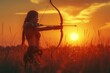 A fierce warrior stands poised in the golden light of the setting sun, her bow drawn taut and her arrow aimed at the sky, ready to conquer the field with her skilled aim and unwavering determination 