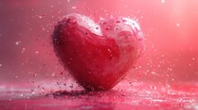  A Red Heart Sitting On Top Of A Table With Water Splashing On It's Sides And A Red Background With A Pink Sky In The Middle Of The Background.