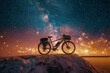 A lone bicycle stands atop a snowy hill, its wheel glistening in the starry night sky as it waits to be taken on a daring journey through the wintry wonderland