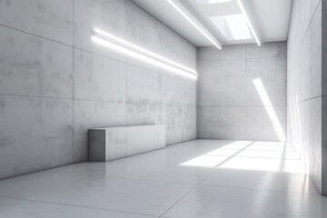 Interior of an abstract white room with white glow neon lamps. Background of futuristic architecture. White Box with a concrete wall that is empty. for your design project, a mockup