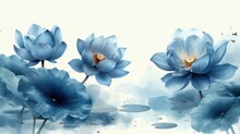  A Group Of Blue Flowers Sitting On Top Of A Lush Green Field Of Waterlily Blue Flowers In Front Of A White Background With A Butterfly Flying In The Sky.