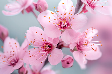Wall Mural - Pink Cherry Blossoms. Sakura blooming in spring season isolated on sky background. Spring , branches of blossoming cherry against background of blue sky. Pink sakura flowers.