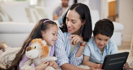 Wall Mural - Education, tablet and mother teaching children on floor of living room in home together for child development. Love, smile or happy with parent and kids in apartment to study or complete homework