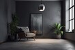 Interior of a concrete floored, dark gray, empty room with a potted plant and a black armchair. a wall mounted fake poster frame that is vertical