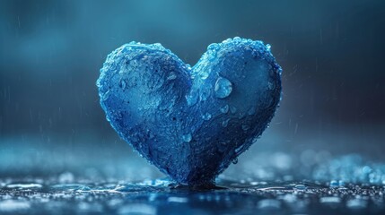 Wall Mural -  a blue heart shaped object sitting in the middle of a puddle of water with drops of water on it's surface and a dark background with a blue hue.