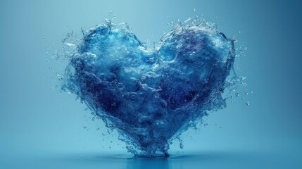 Wall Mural -  a blue heart shaped object with water splashing out of it's sides on a blue background with a reflection of the water in the middle of the heart.