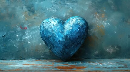 Poster -  a blue heart sitting on top of a wooden table next to a painting of a blue sky and a rusted metal wall with a rusted metal grungy surface.