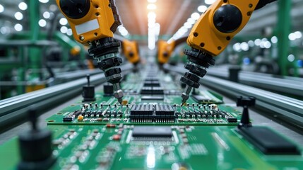 Poster - Advanced High Precision Robot Arms on Fully Automated Assembly Line Inside Modern Electronics Factory, Electronic Devices Production Industry, Component Installation on Circuit Board. Generative AI.