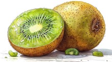  A Drawing Of A Kiwi Fruit Cut In Half With The Whole Kiwi In The Foreground And The Whole Kiwi In The Background With The Whole Kiwi In The Foreground.