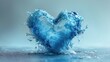  a blue heart shaped object with water splashing out of it's center and water droplets on the bottom of the heart, on a blue background of water.