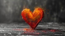  A Red And Yellow Heart Shaped Object On A Black And White Surface With Red And Orange Paint Splattered On It's Sides And A Black Background With A Black And White Border.