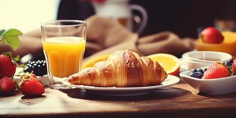 Poster - A delicious breakfast spread featuring a croissant, orange juice, and fresh strawberries. Perfect for starting your day off right.