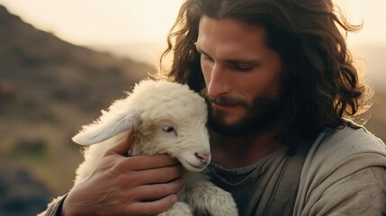 Poster - A man with long hair holding a lamb. Suitable for agricultural or farming themes