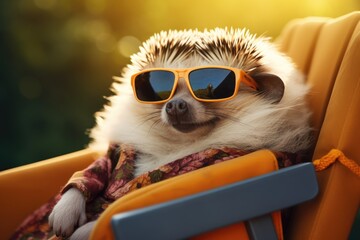 Aufkleber - A hedge wearing sunglasses sitting in a chair. This image can be used to add a touch of whimsy and humor to various projects