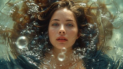 Wall Mural -  a close up of a woman in a pool of water with bubbles on her head and her hair blowing in the wind and water bubbles on her face and behind her head.