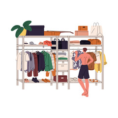 Wall Mural - Man choosing stylish outfit on wardrobe rail back view. Guy makes choice of garment on hanger rack. Person looks on closet with clothes. Dressing room. Flat isolated vector illustration on white