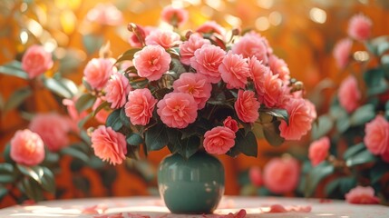 Wall Mural -  a vase filled with pink flowers sitting on top of a table next to green leaves and flowers on top of a white tablecloth covered table with pink flowers and green leaves.