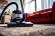 A vacuum cleaner sits on the carpet in a well-lit living room. This image can be used to illustrate household chores or cleaning tasks