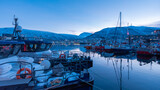 Fototapeta Góry - Twilight view of Tromsø port with snow-covered mountains and bridge in Norway.