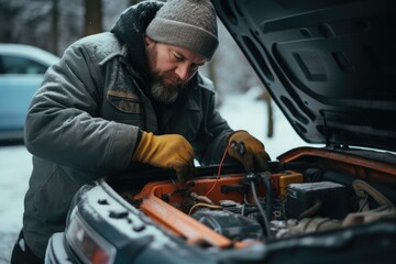 Poster - A man is seen working on a car engine in the snowy weather. This image can be used to depict winter car maintenance or repairs