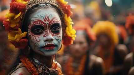 Poster - A woman with her face painted in intricate flower designs. This image can be used for various purposes such as beauty, art, festivals, and celebrations