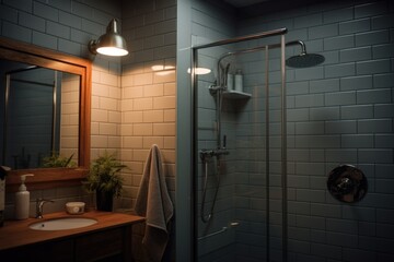 Poster - A compact bathroom featuring a shower, sink, and mirror. Perfect for illustrating a modern and functional bathroom space