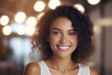 Aufkleber - A woman with curly hair smiling at the camera. Suitable for various uses