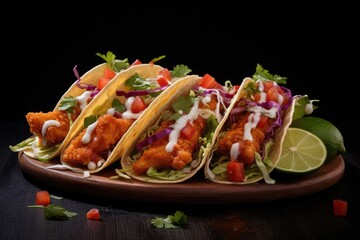 Poster - Tacos on a platter covered in sauce and toppings. Ideal for food-related projects and restaurant promotions