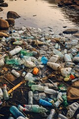 Poster - A river filled with an overwhelming amount of plastic bottles. This image can be used to raise awareness about the consequences of plastic pollution in our waterways