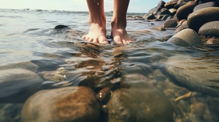 Poster - A person standing on a rock in the water. Suitable for outdoor adventure and nature-themed projects