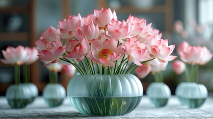 Wall Mural -  a vase filled with pink flowers sitting on top of a table next to smaller vases filled with pink tulips on top of a white cloth covered table.