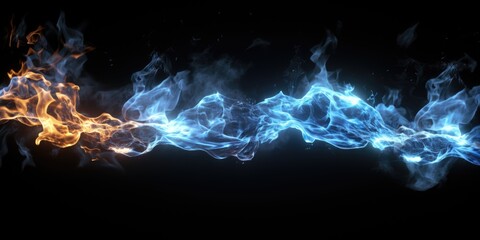 Poster - Black background with vibrant blue and orange flames. Ideal for designs related to fire, energy, passion, and creativity