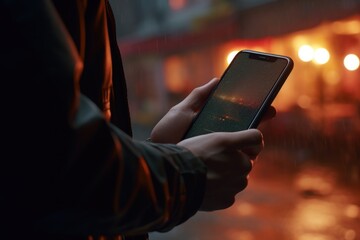 Poster - A person holding a smartphone in the rain. Suitable for technology and weather-related projects