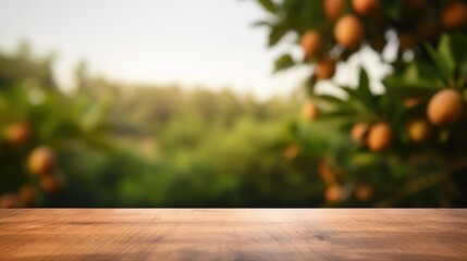 Aufkleber - A picture of a wooden table with a vibrant orange tree in the background. Perfect for adding a natural touch to any setting
