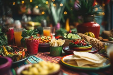 Poster - A table filled with a variety of plates of food and drinks. Perfect for showcasing a delicious spread at a party or event