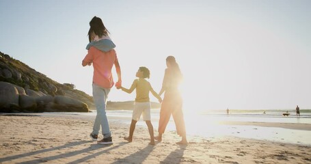 Sticker - Family, parents and children walking on beach sand for summer holiday, vacation and outdoor wellness. Back of mother, father and kids holding hands for support, love and care by the ocean or sea