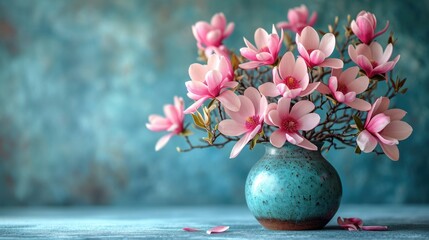 Wall Mural -  a blue vase filled with pink flowers on top of a wooden table next to a blue wall with a blue wall behind it and pink petals on the bottom of the vase.