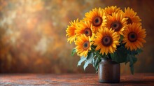  A Vase Filled With Yellow Sunflowers Sitting On Top Of A Wooden Table In Front Of A Brown And Yellow Wall With A Painting Of Flowers In The Background.